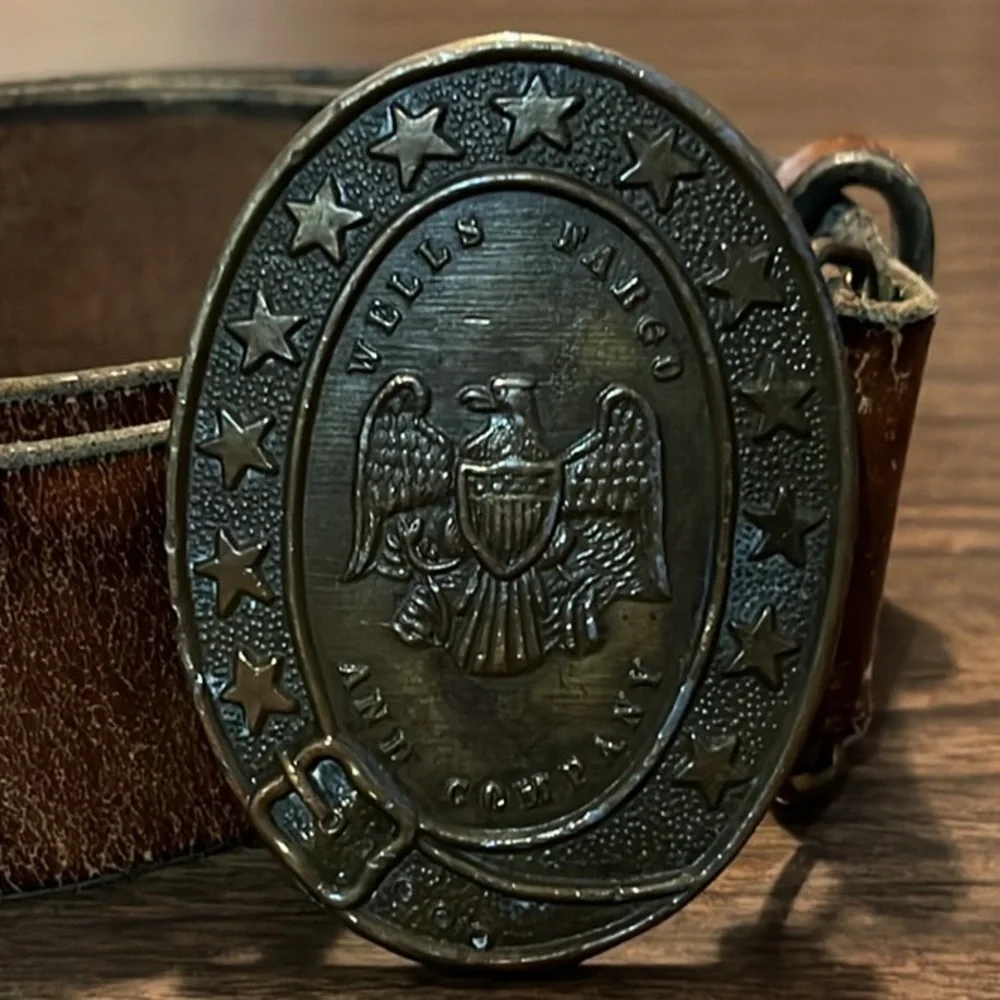VINTAGE Wells Fargo Brass Buckle Brown Leather Belt Size 30